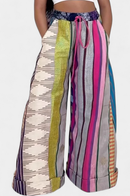 Marina Pantalones Anchos Rayas Algodón Suave Cordón Amarillo