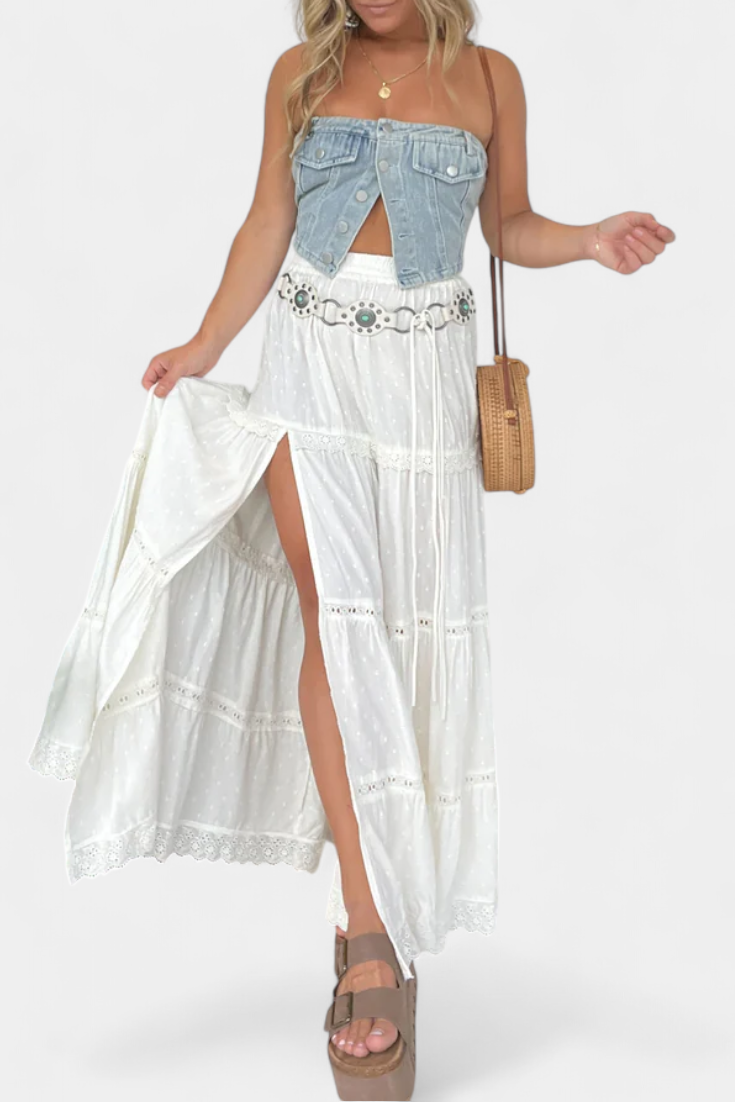 Dalia Falda Maxi Boho Con Encaje Y Abertura Frontal