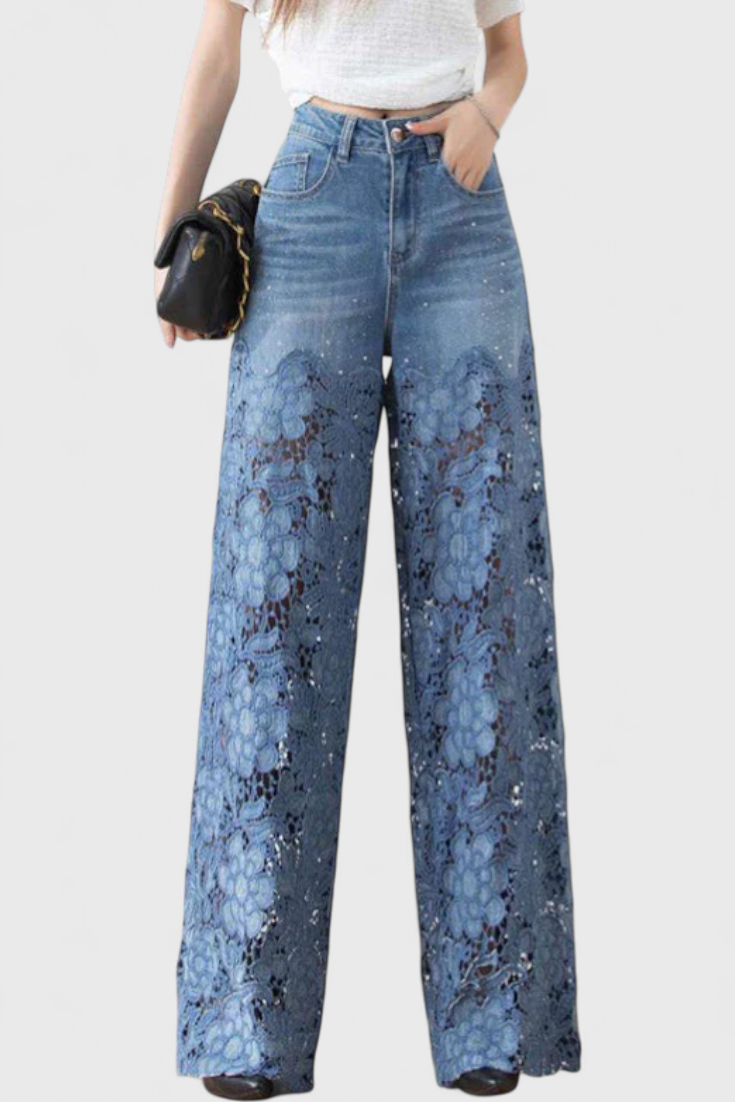 Janet Pantalón Palazzo Denim Con Encaje Bordado Floral