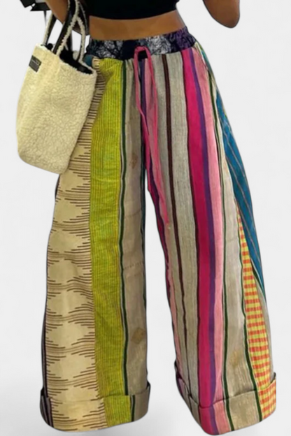 Marina Pantalones Anchos Rayas Algodón Suave Cordón Amarillo
