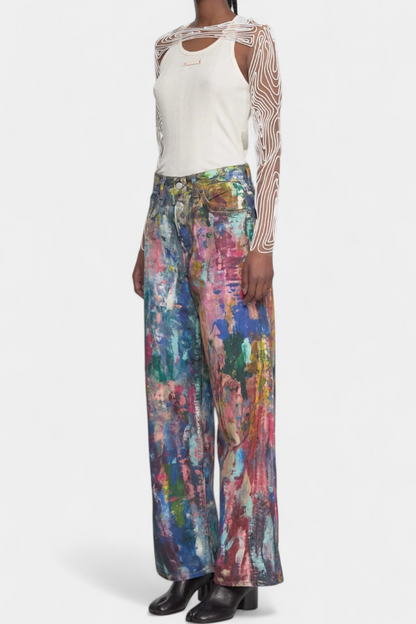 Luna Jeans Pantalón Pierna Ancha Estampado Artístico Denim