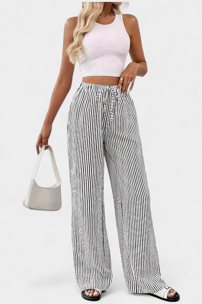 Sabina Pantalón Recto Con Cintura Ajustable Rayado Casual
