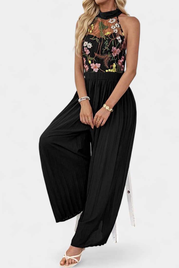 Lucía Mono Palazzo Bordado Floral Con Encaje Transparente