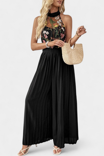 Lucía Mono Palazzo Bordado Floral Con Encaje Transparente