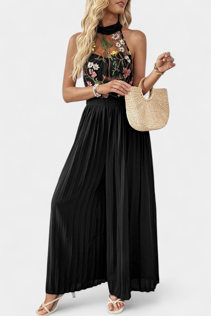 Lucía Mono Palazzo Bordado Floral Con Encaje Transparente