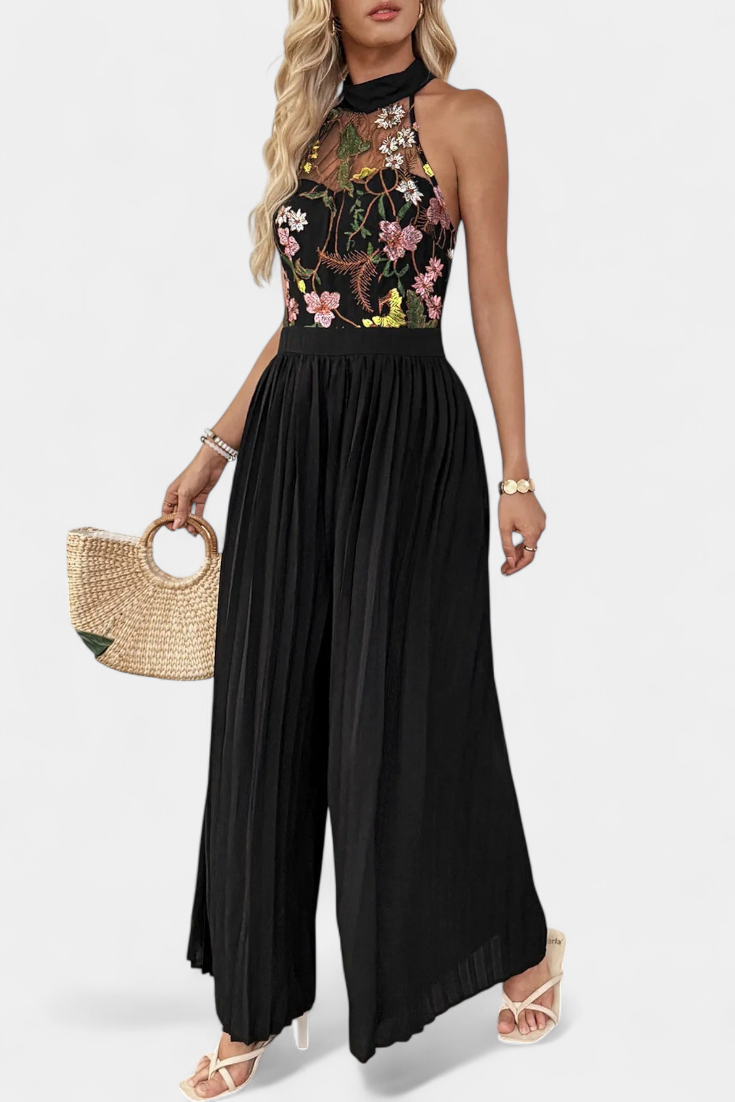 Lucía Mono Palazzo Bordado Floral Con Encaje Transparente
