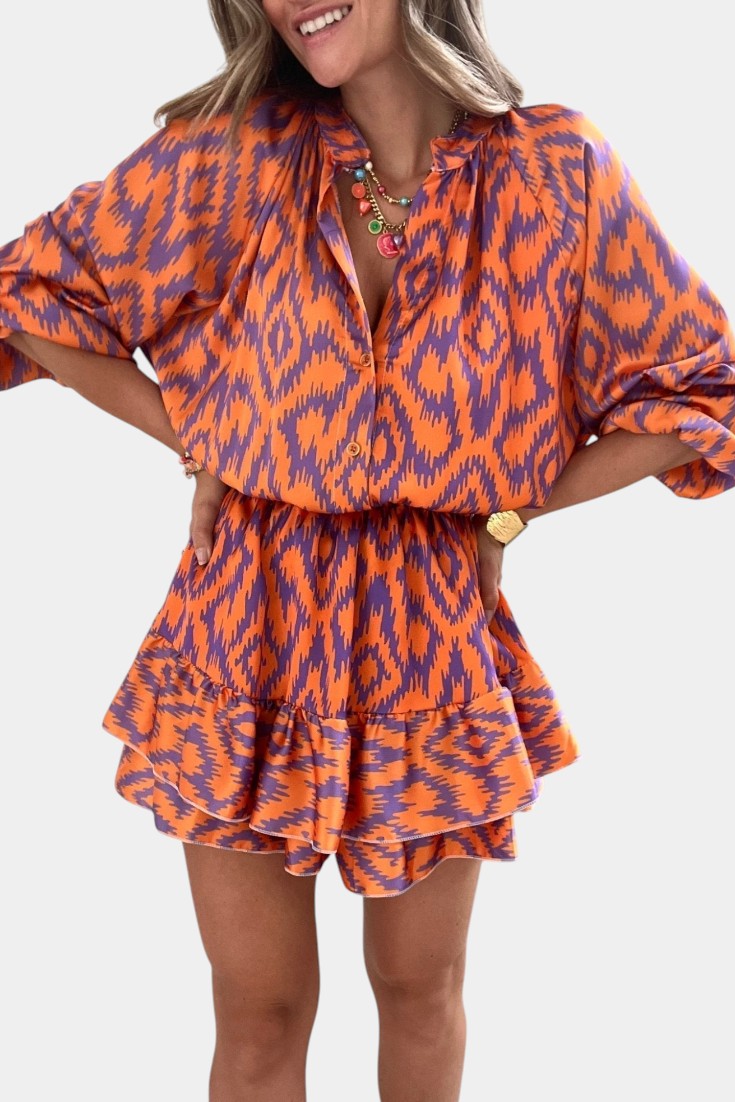 Isabela Mono Mini Con Volantes Estampado Ikat Morado
