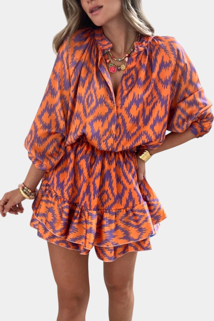 Isabela Mono Mini Con Volantes Estampado Ikat Morado